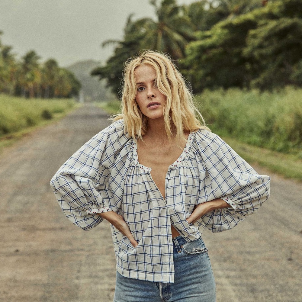 Doen Cream and Blue Checked Peasant Blouse